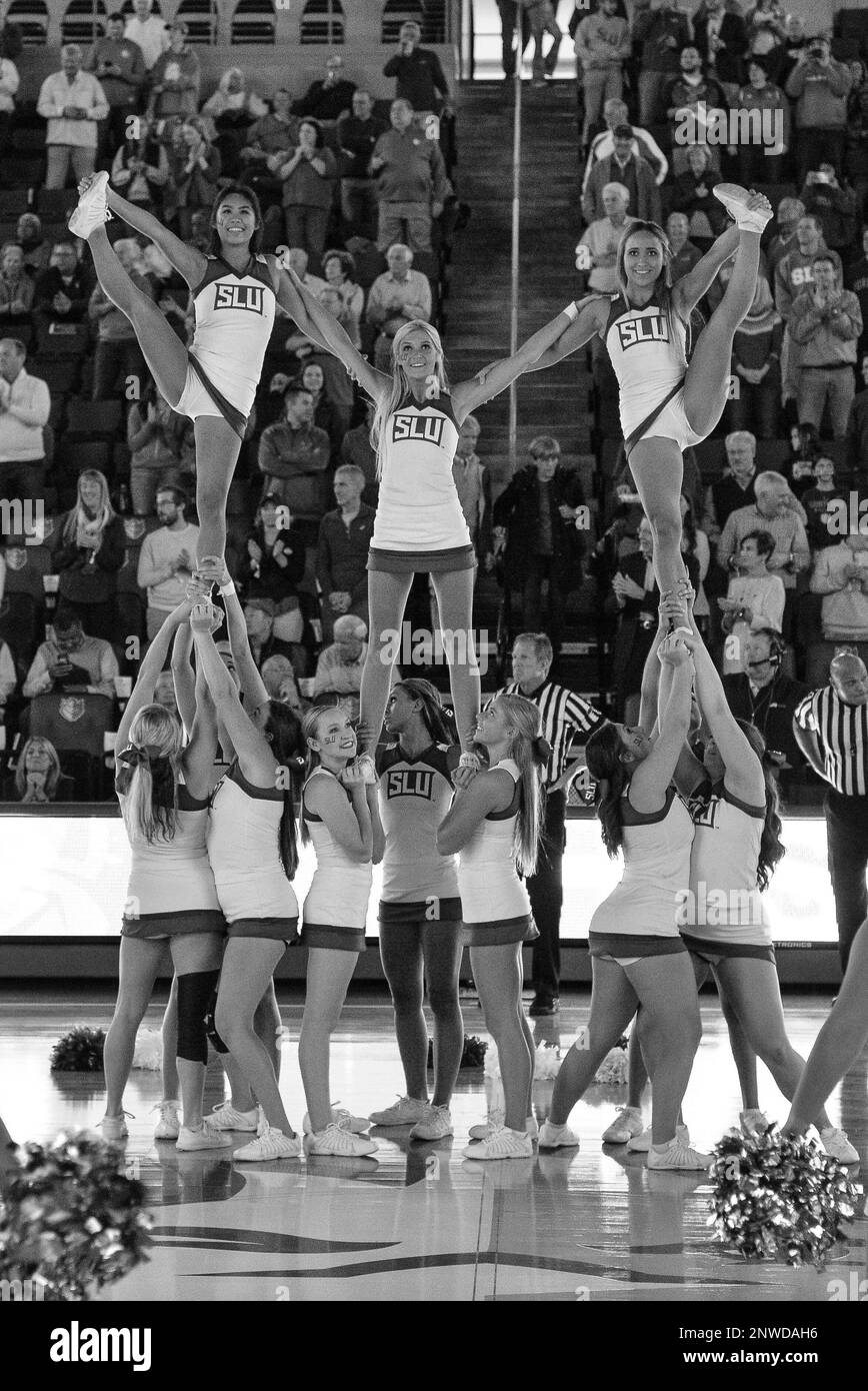 November 6, 2018 - St. Louis, Missouri, U.S - The Billiken cheerleaders perform during the opening ceremony in a game where Saint Louis defeats SEMO by the score of 75-65 on Tuesday, November 6, 2018, held at The Chaifetz Arena in St. Louis, MO (Photo credit Richard Ulreich / ZUMA Press) (Credit Image: © Richard Ulreich/ZUMA Wire) (Cal Sport Media via AP Images) Stock Photo