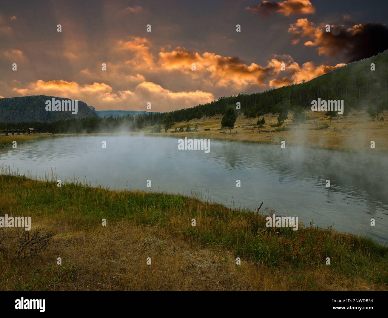 Yellowstone Rising Sun Rising geysers of the Yellowstone at dawn, USA Stock Photo - Alamy