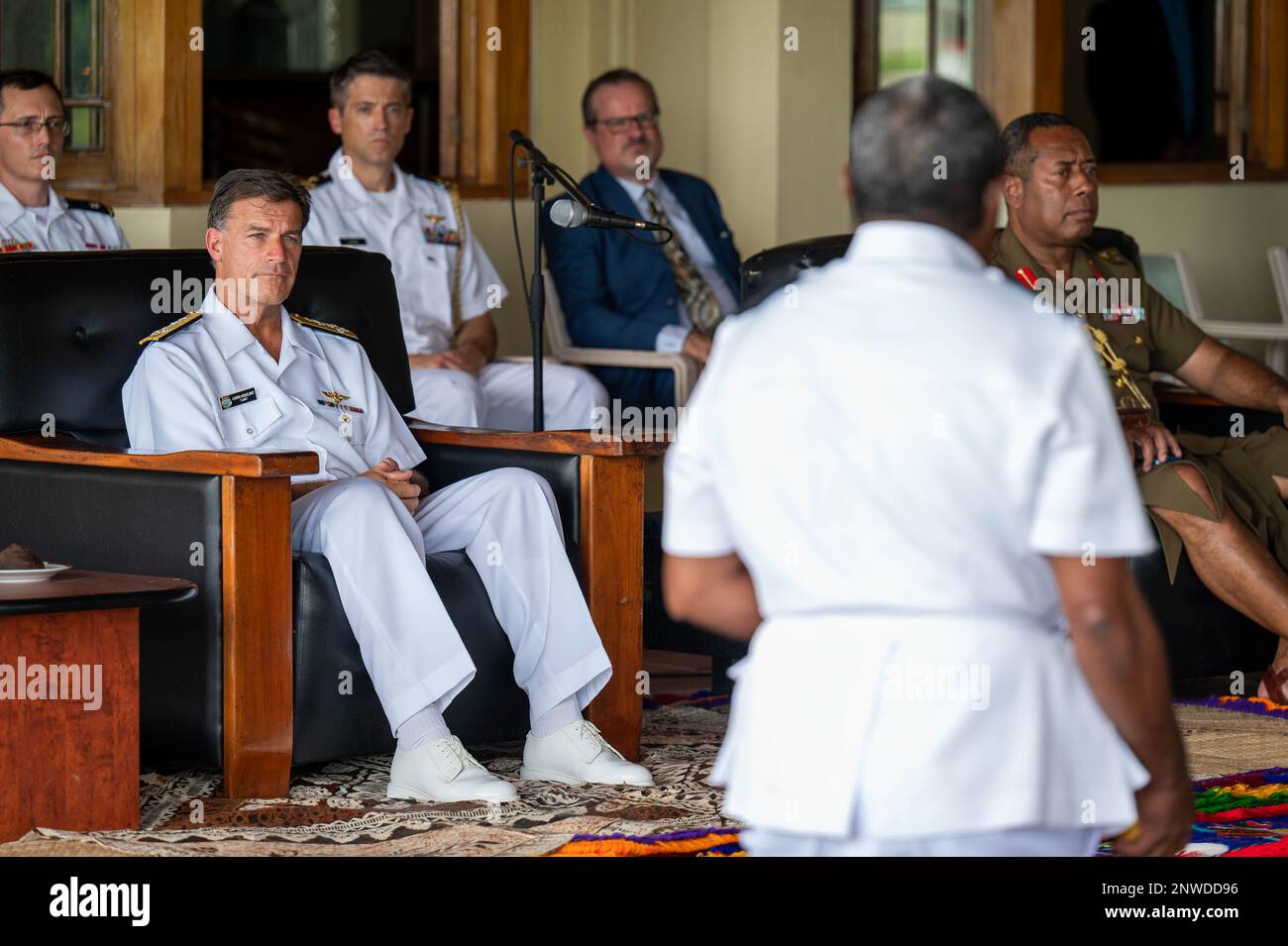 SUVA, Fiji (Jan. 31, 2023) Adm. John C. Aquilino, Commander of U.S. Indo-Pacific Command, left, and staff observe a traditional Kava Ceremony while visiting the Republic of Fiji Military Forces Queen Elizabeth Barracks. USINDOPACOM is committed to enhancing stability in the Asia-Pacific region by promoting security cooperation, encouraging peaceful development, responding to contingencies, deterring aggression and, when necessary, fighting to win. Stock Photo