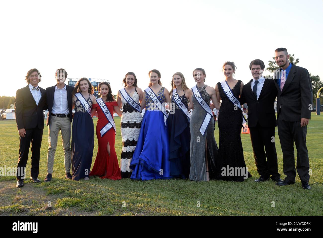 Members of Foundation Academy's Homecoming court pose on the field before a  high school football game against Windermere Prep Friday, Oct. 5, 2018, in Winter  Garden, Fla. (Phelan M. Ebenhack via AP
