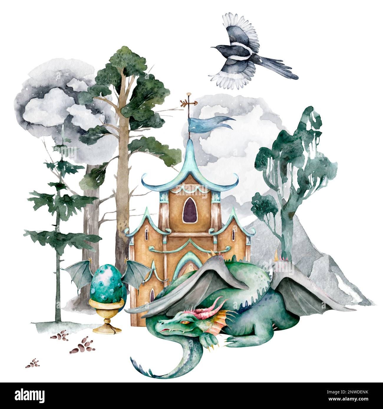 Dragons and castle watercolor illustration. Fairy tale print Stock ...