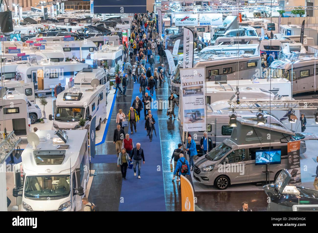 Travel and camping fair, caravans, motorhomes and everything to do with camping, travelling, tourism, are shown in the Essen exhibition halls, motorho Stock Photo