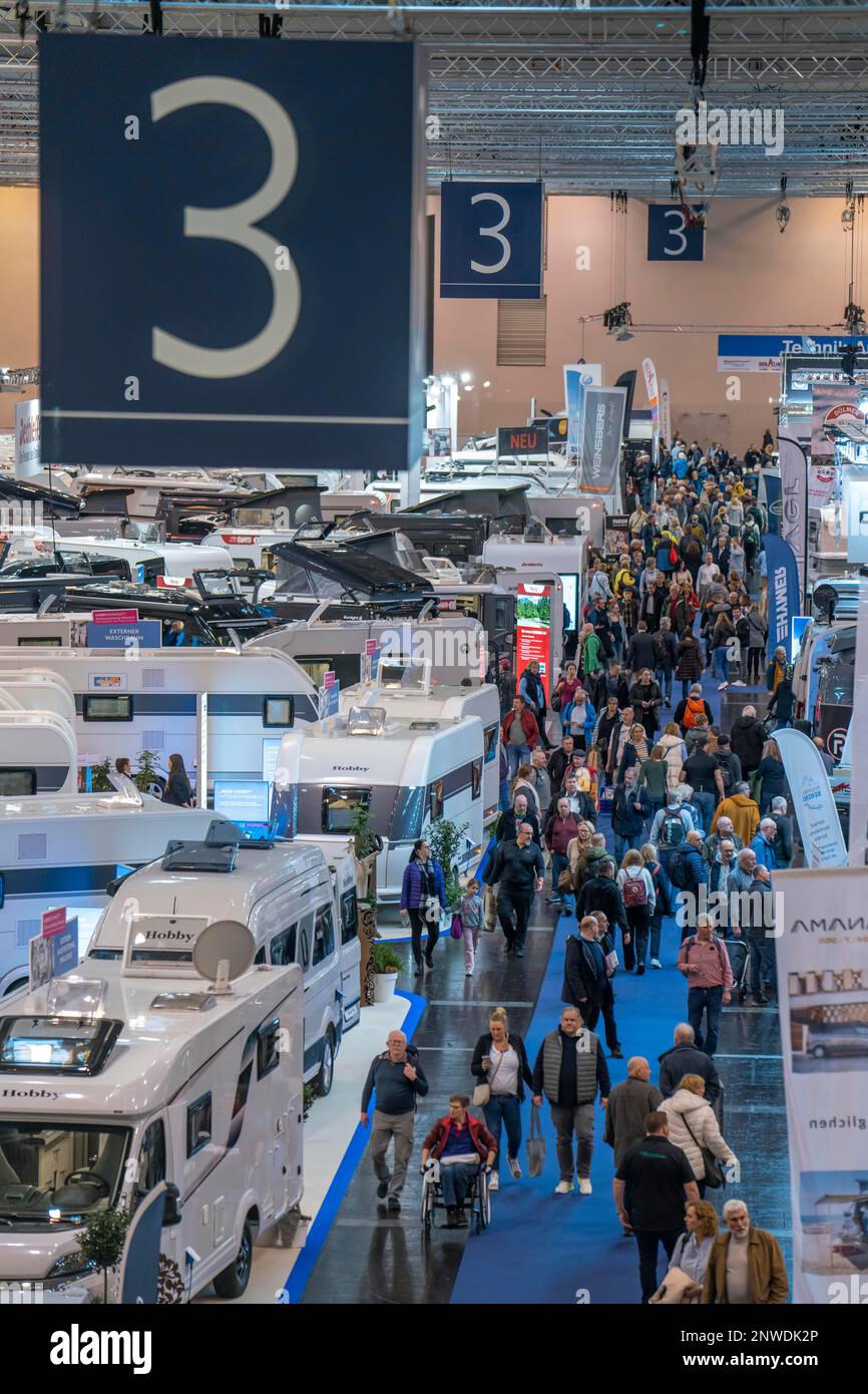 Travel and camping fair, caravans, motorhomes and everything to do with camping, travelling, tourism, are shown in the Essen exhibition halls, motorho Stock Photo