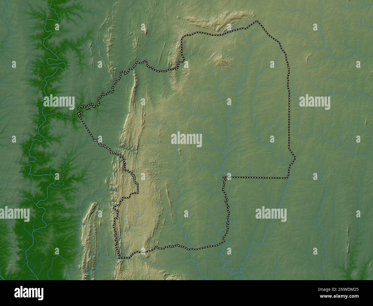 Centrale, region of Togo. Colored elevation map with lakes and rivers