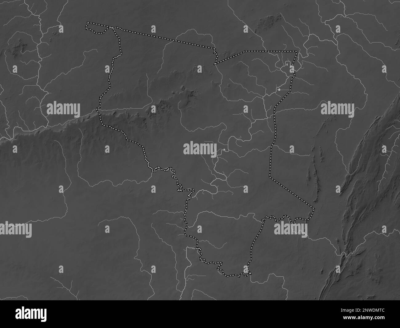 Savanes, region of Togo. Grayscale elevation map with lakes and rivers Stock Photo