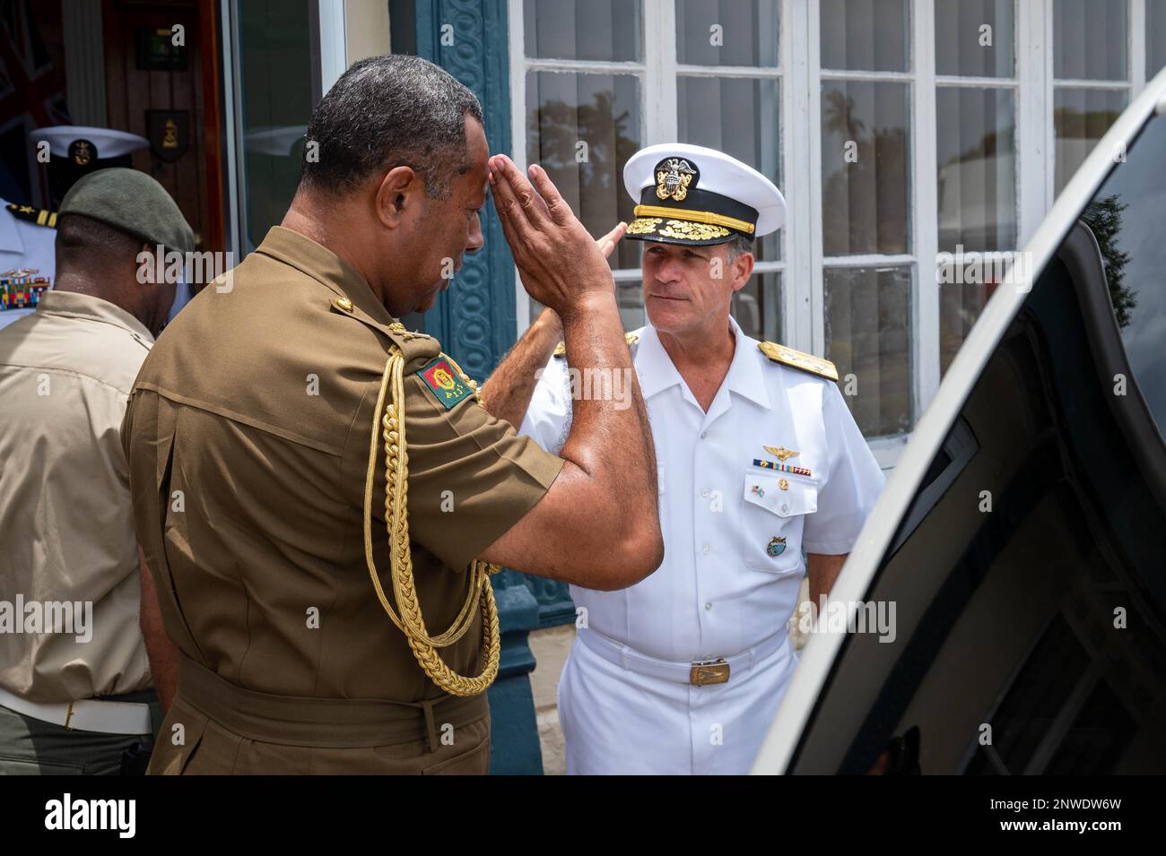 SUVA, Fiji (Jan. 31, 2023) Adm. John C. Aquilino, Commander of U.S. Indo-Pacific Command, right, salutes Maj. Gen. Jone Logavatu Kalouniwai, Commander of the Republic of Fiji Military Forces. USINDOPACOM is committed to enhancing stability in the Asia-Pacific region by promoting security cooperation, encouraging peaceful development, responding to contingencies, deterring aggression and, when necessary, fighting to win. Stock Photo
