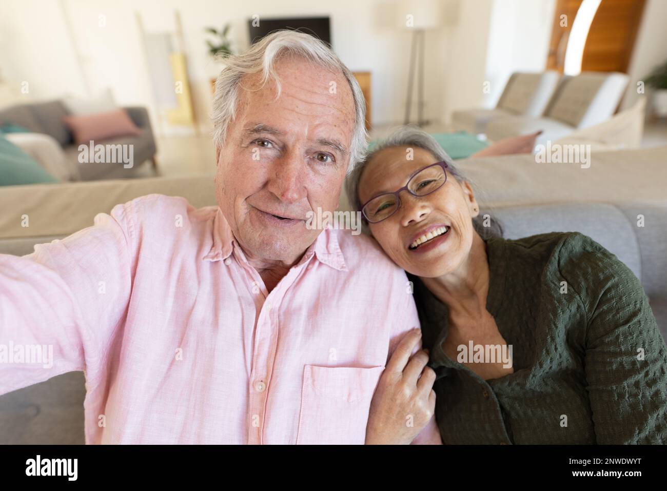 Happy senior diverse couple having video call Stock Photo