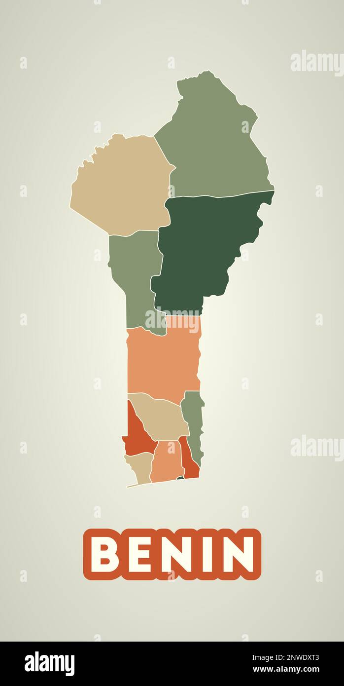 Benin poster in retro style. Map of the country with regions in autumn color palette. Shape of Benin with country name. Superb vector illustration. Stock Vector