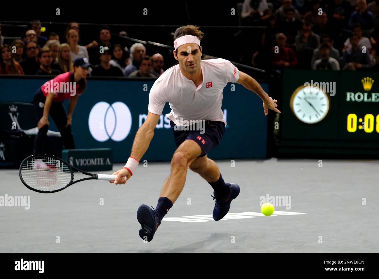 November 2, 2018 - Paris, France - Swiss player ROGER FEDERER returns the  ball to Japanese player KEI NISHIKORI during the quarter final of  tournament Rolex Paris Master, at AccorHotel Arena Stadium