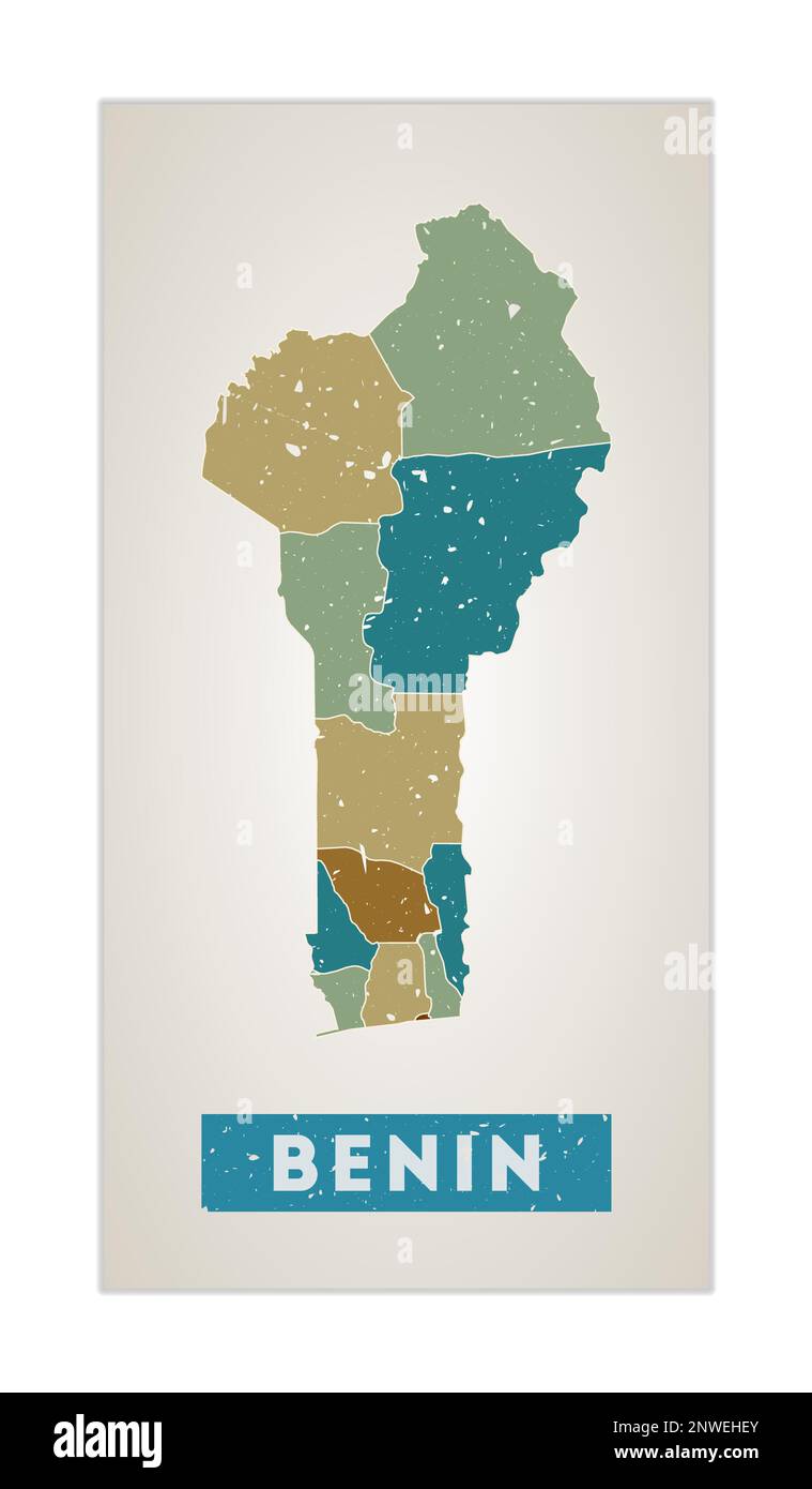 Benin map. Country poster with regions. Old grunge texture. Shape of Benin with country name. Superb vector illustration. Stock Vector