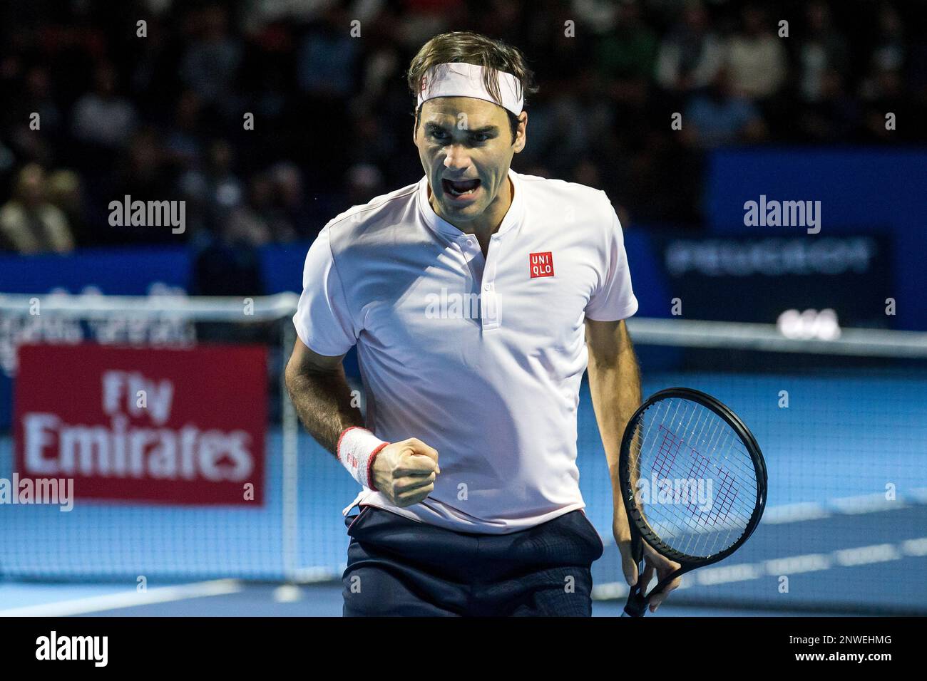 Switzerland's Roger Federer reacts during his final match against Romania's  Marius Copil at the Swiss Indoors tennis tournament at the St. Jakobshalle  in Basel, Switzerland, on Sunday, Oct. 28, 2018. (Alexandra Wey/Keystone
