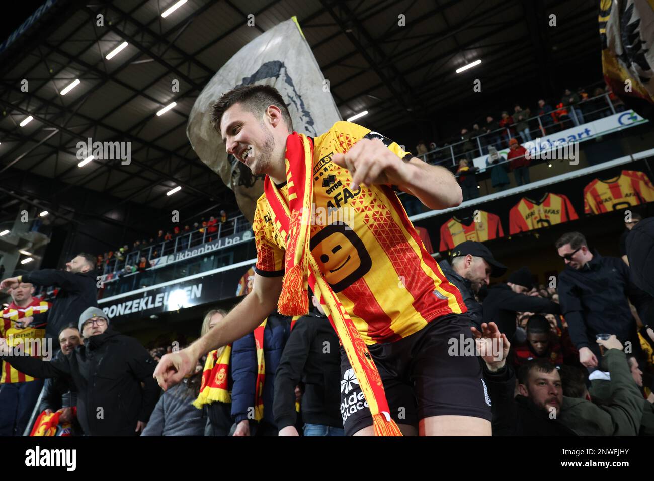 Mechelen's Jordi Vanlerberghe celebrates after winning a soccer game