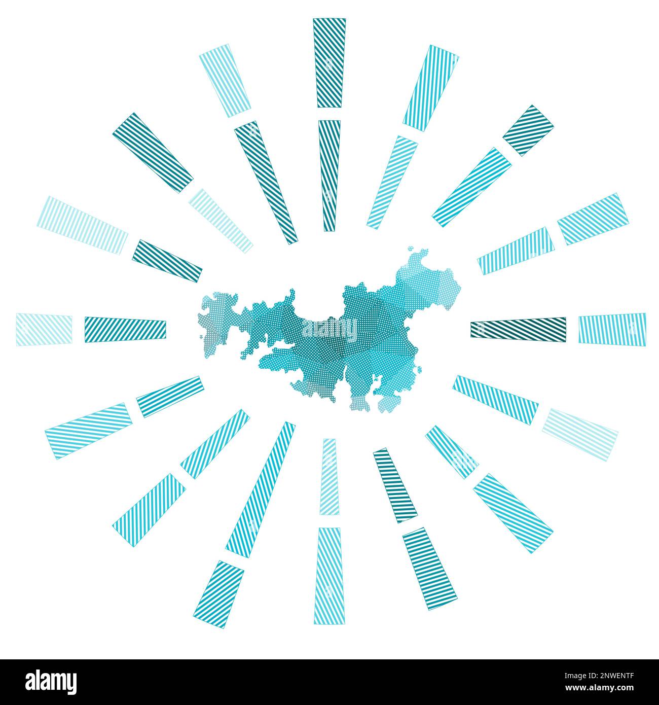 Waiheke Island sunburst. Low poly striped rays and map of the island ...