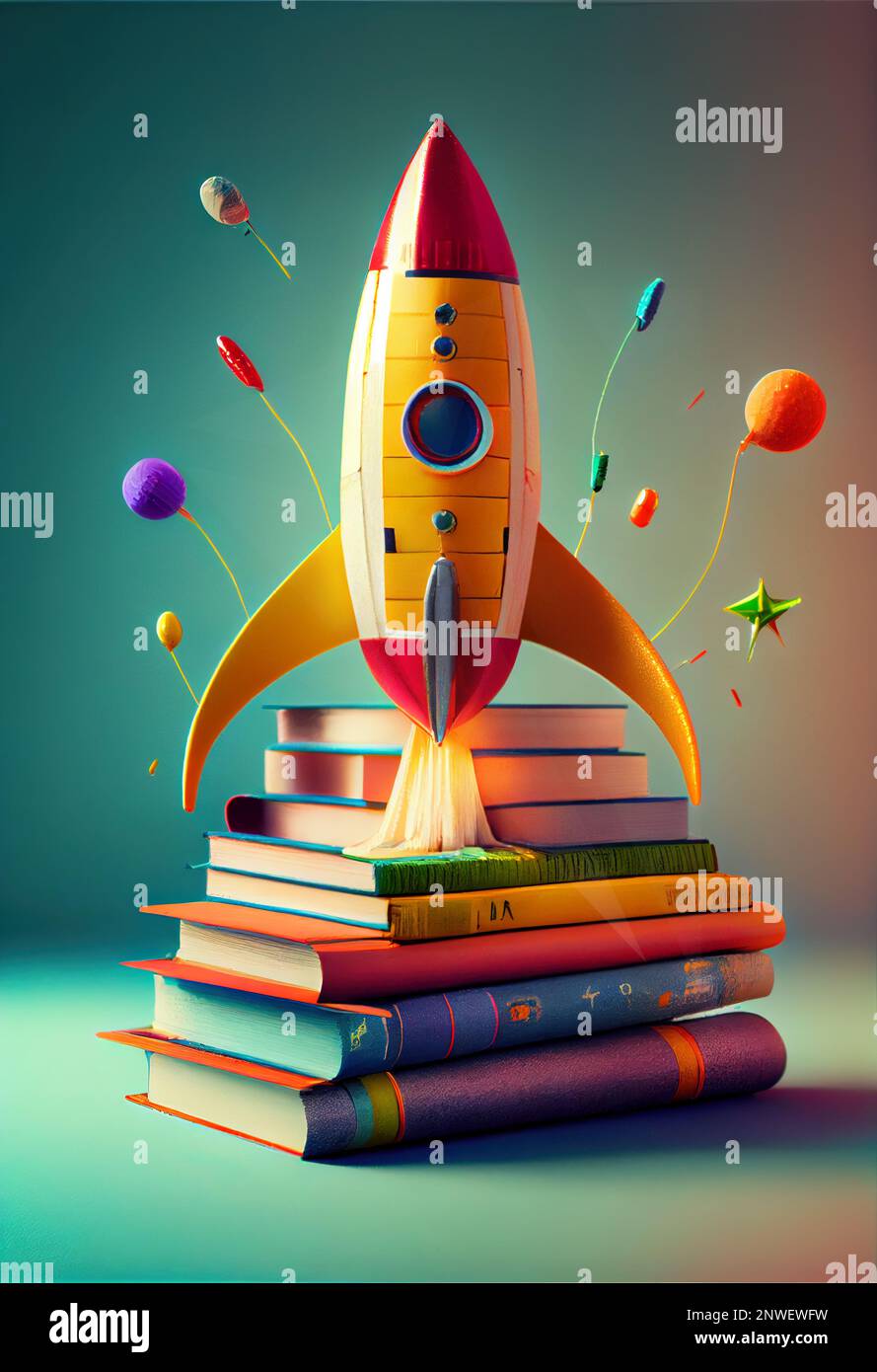 Stack of books with open one and magic light, learning and back to ...