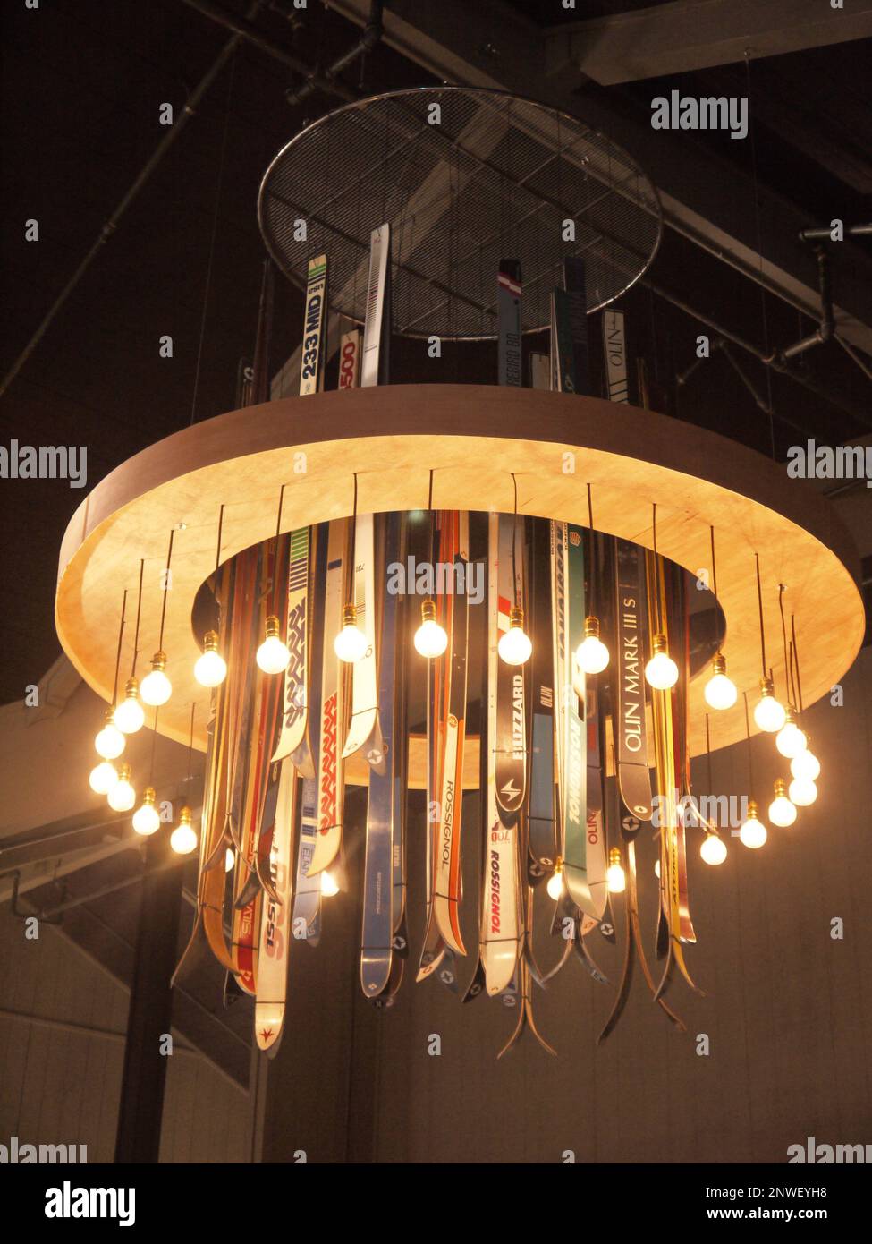 Mount San Antonio, California, USA - July 31 2017 - a ski chandelier hangs on the ceiling of the Top of the Notch Restaurant, Mount Baldy Stock Photo