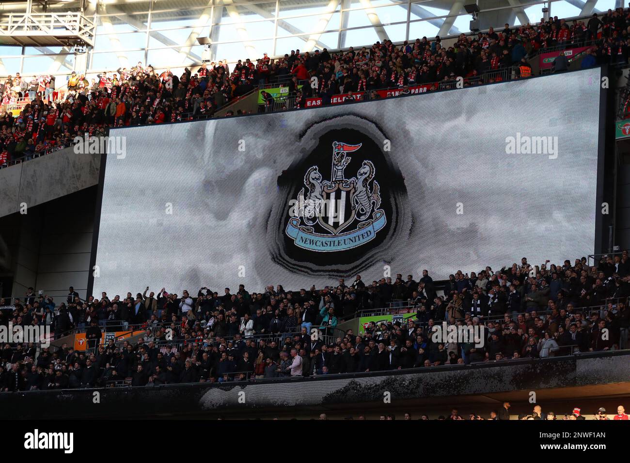 London, UK. 26th Feb, 2023. A general view of the Newcastle Utd football club crest. Carabao Cup final 2023, Manchester Utd v Newcastle Utd at Wembley Stadium in London on Sunday 26th February 2023. Editorial use only. pic by Andrew Orchard/Andrew Orchard sports photography/Alamy Live News Credit: Andrew Orchard sports photography/Alamy Live News Stock Photo