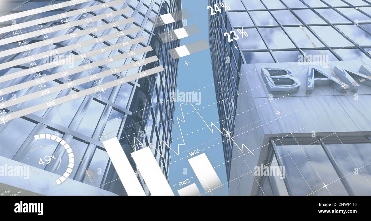 Image of statistics with data processing over bank building Stock Photo ...