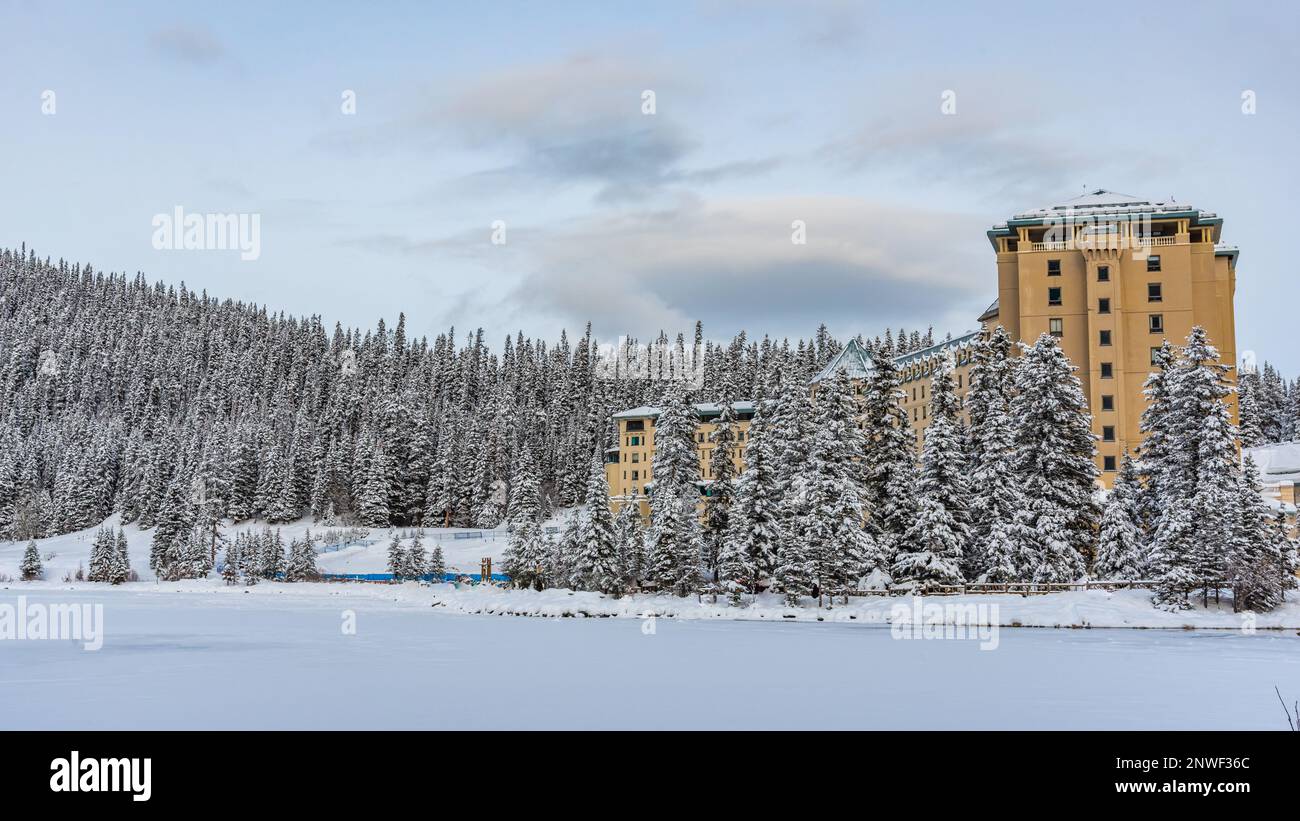 Iconic Lake Louise in Banff National Park during winter time with ...
