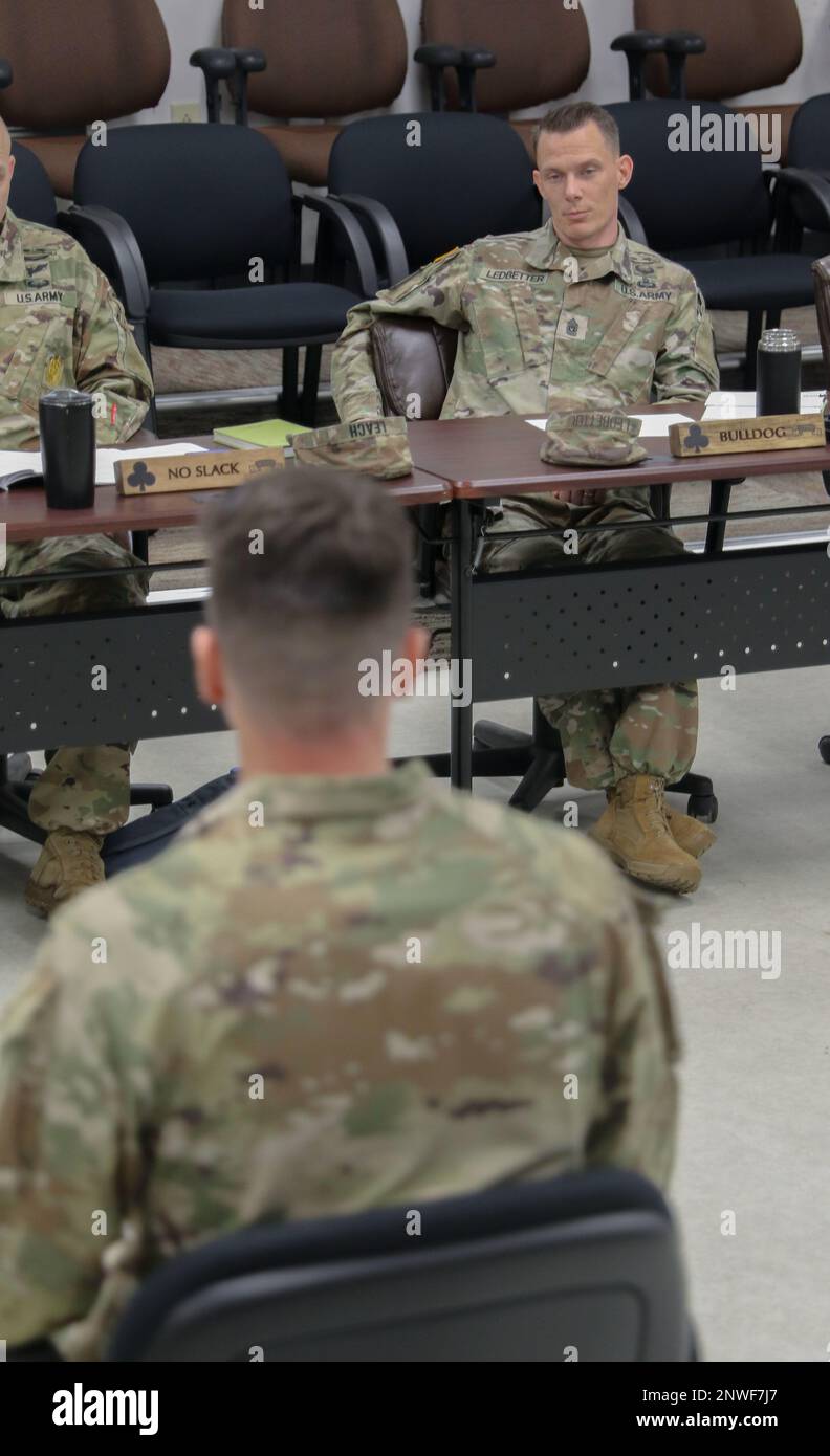 Bastogne Soldiers and NCOs competed in the 1 BCT Soldier and NCO of the Quarter  Board February 8, 2023. Stock Photo