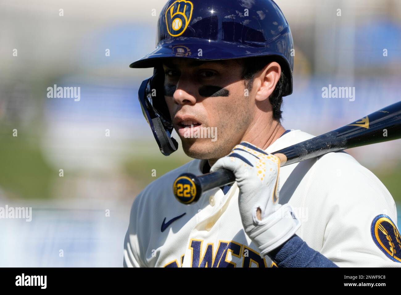 Milwaukee Brewers' Christian Yelich gets ready to hit during a spring