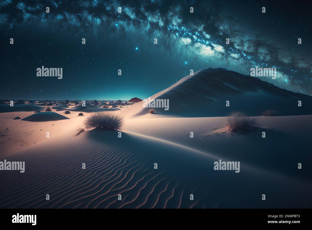 Starry night in the desert with dunes, dark night sky with stars. Milky