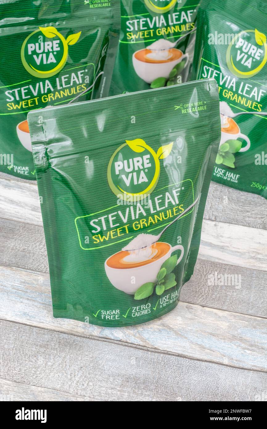 Plastic packets of Pure via the Stevia leaf sugar substitute. For