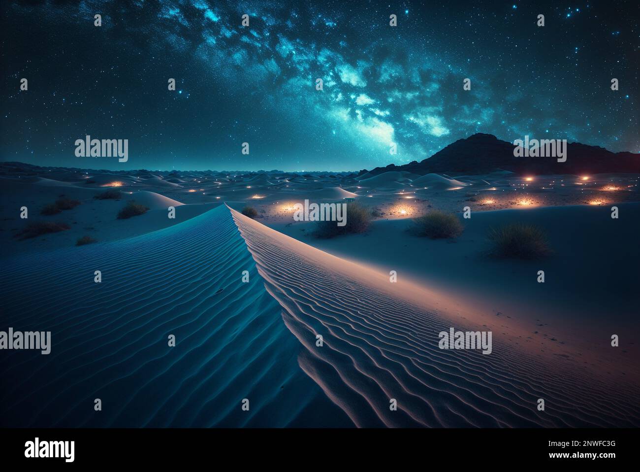 Starry night in the desert with dunes, dark night sky with stars. Milky ...