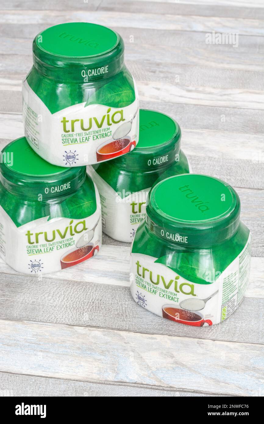Stacked tubs of Truvia the Stevia leaf sugar substitute. For sugar