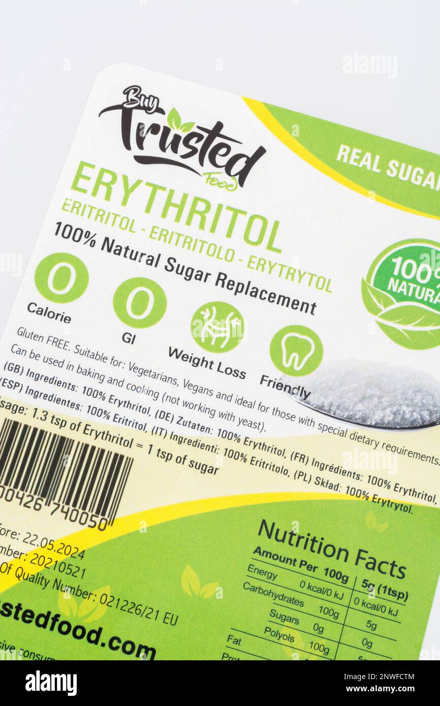 Package label of sugar alternative Erythritol sold by Buy Trusted Foods (see Notes). For sugar-free diet, alternative sweeteners, food labelling. Stock Photo