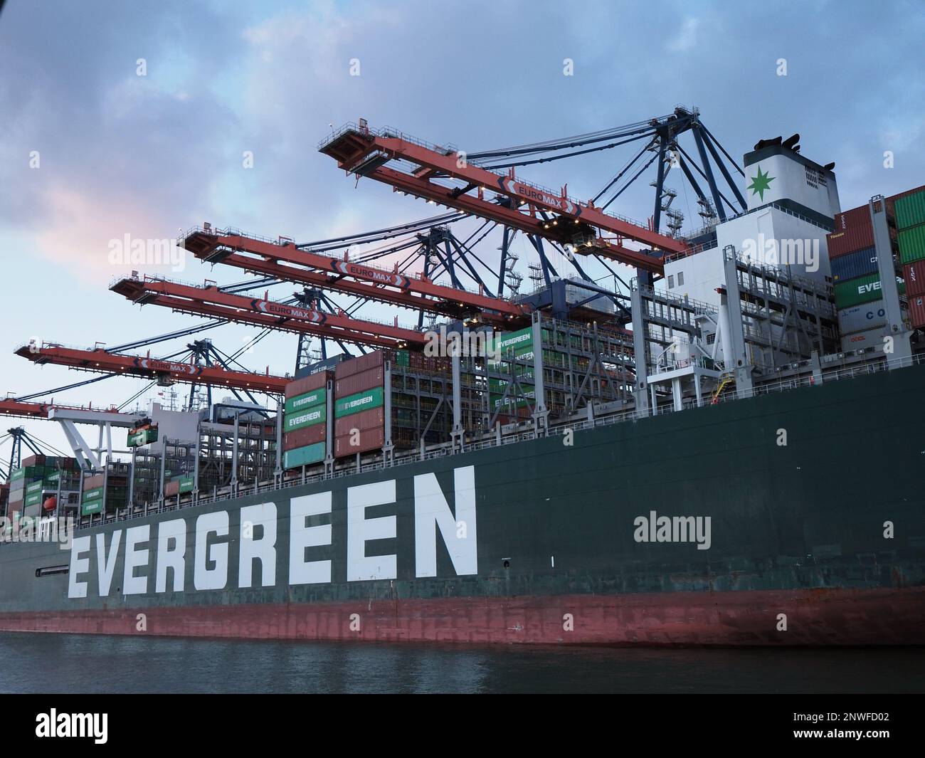 The Evergreen shipping 'Ever Gifted' can transport around 20.000 containers. Port of Rotterdam, the Netherlands. Stock Photo