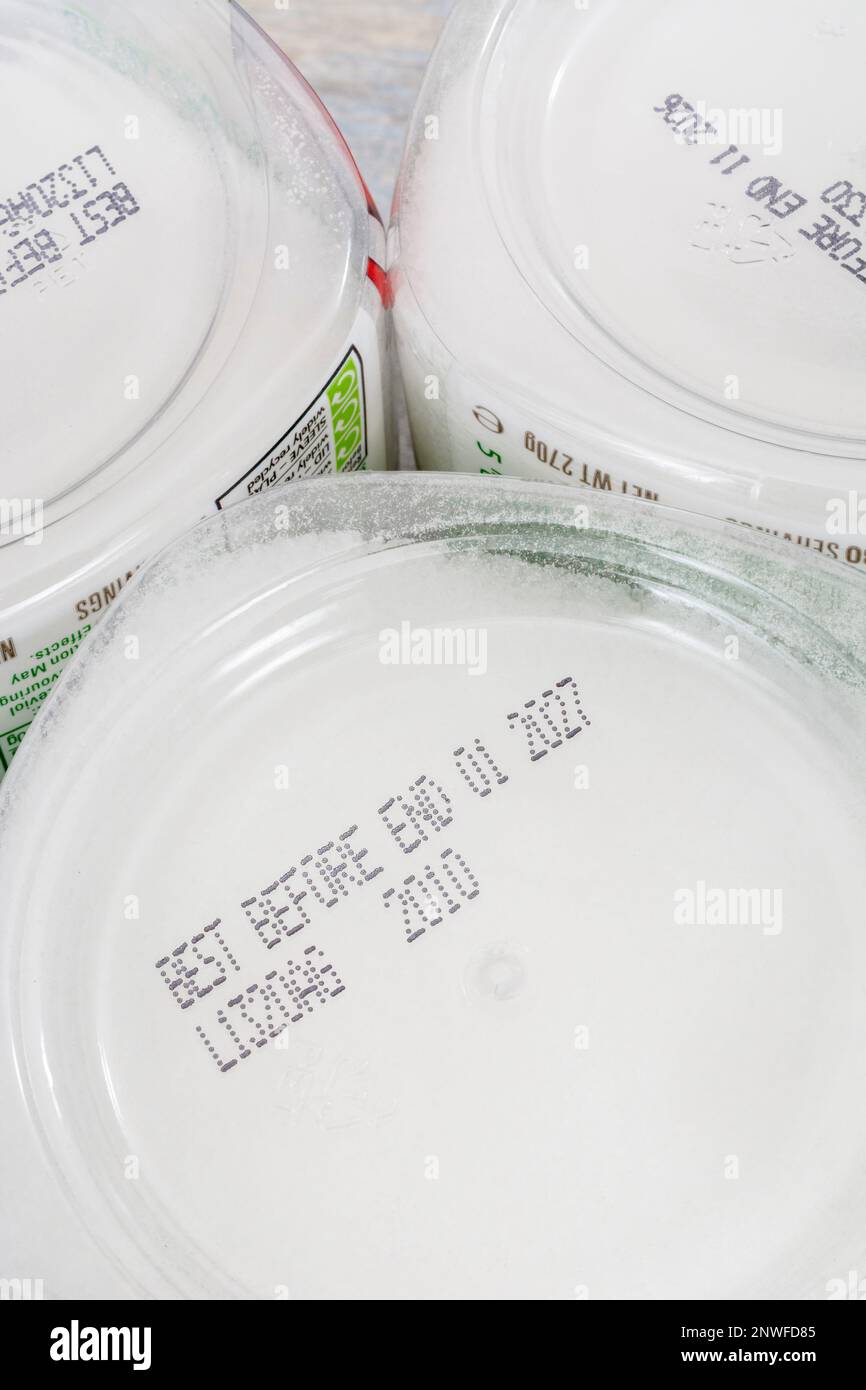 Close shot of Best Before End / BBE date on the bottom of hard plastic
