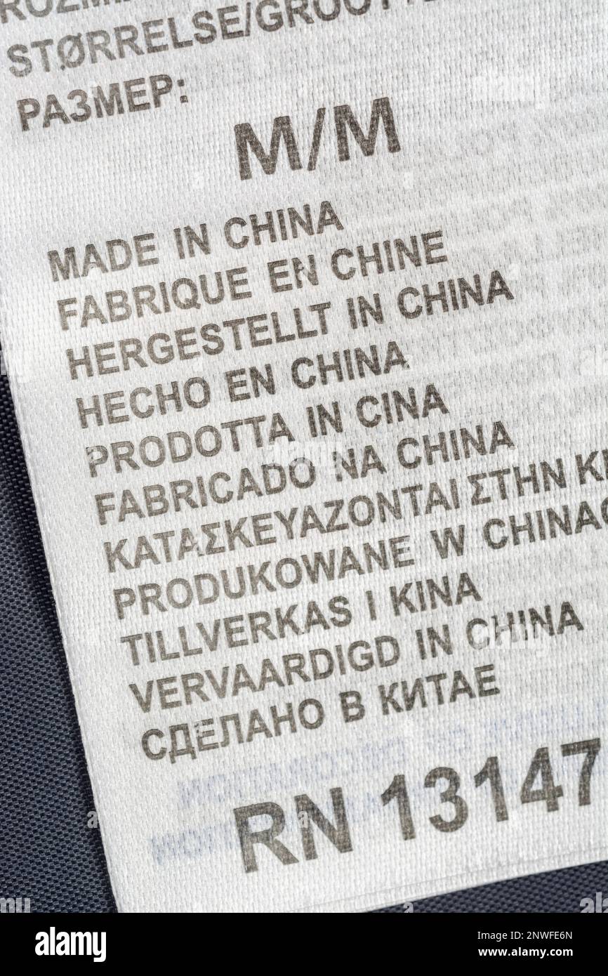 Made in China garment label in multiple languages. For Chinese textile