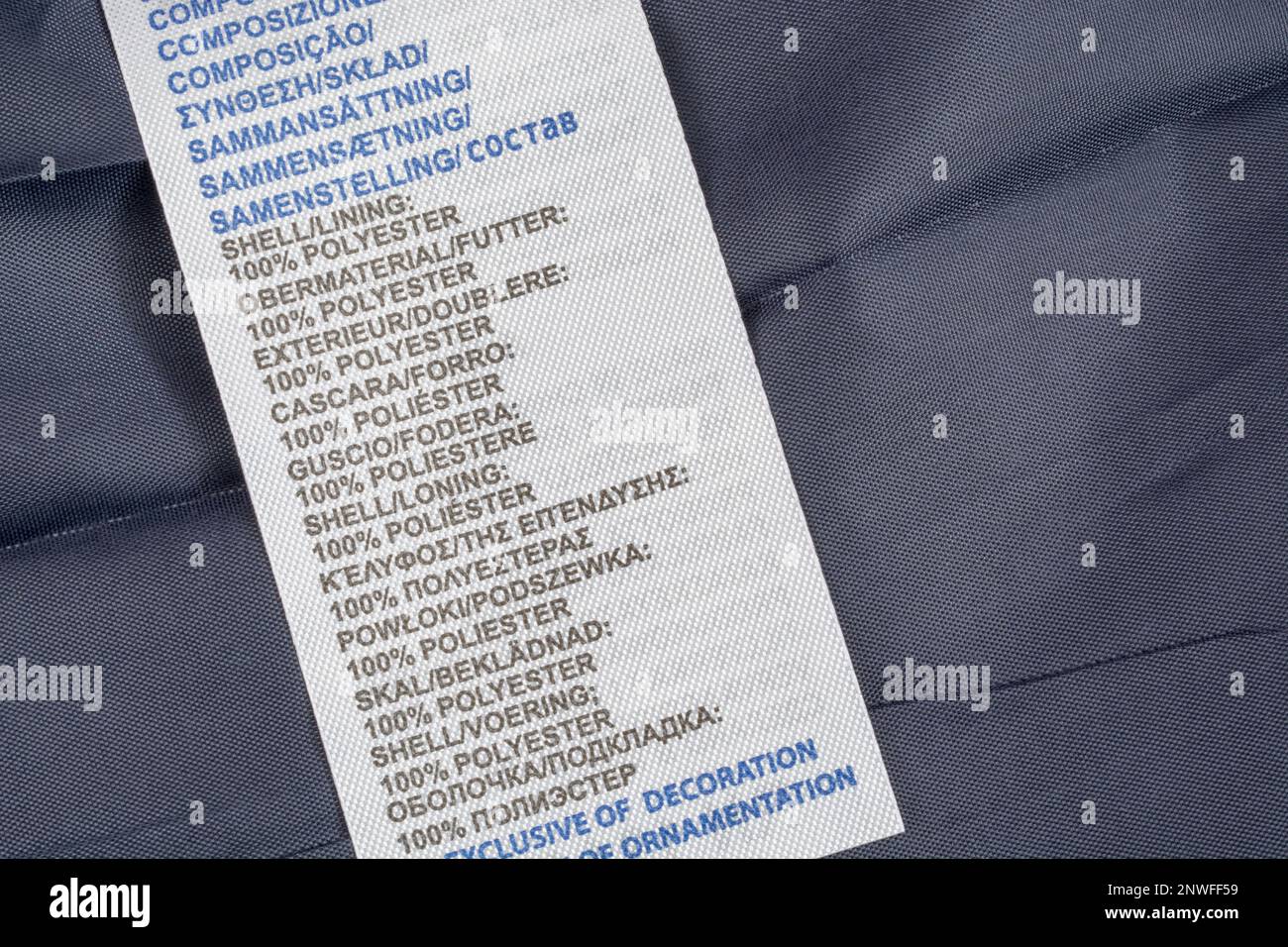 Translateable Cloth Close shot of clothing garment label showing polyester fabric type in ...