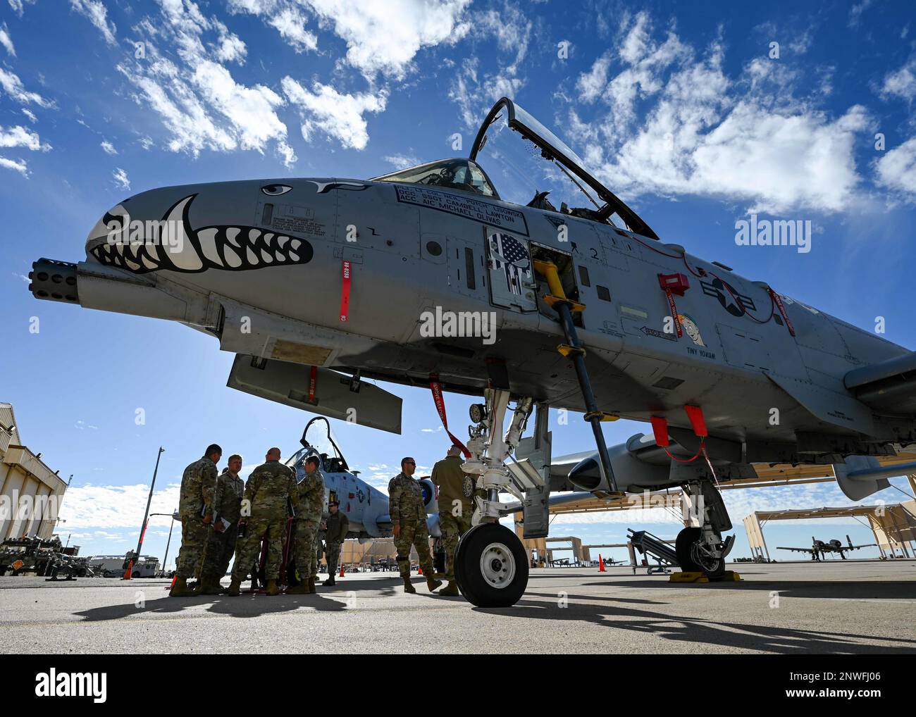 U.S. Air Force Airmen inspect an A-10 Thunderbolt II from the 924th Fighter Group during the 355th Maintenance Group’s 4th quarter crew chief competition at Davis-Monthan Air Force Base, Ariz., Jan. 6, 2023. Crew chiefs were tested on their knowledge of the A-10 while their aircraft was inspected for cleanliness, as well as decorative elements. Stock Photo