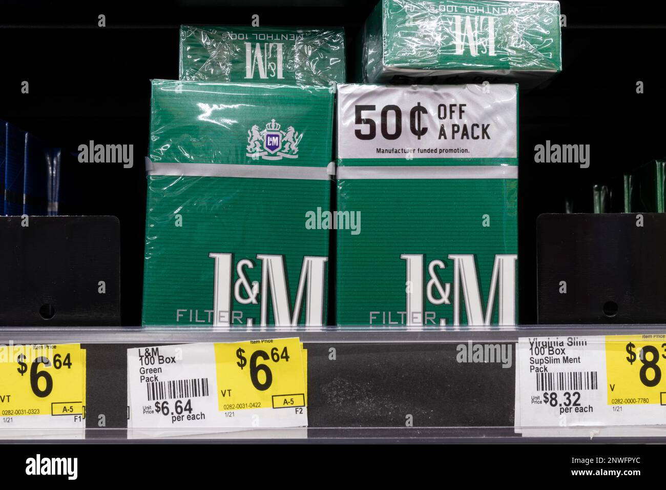 Indianapolis - Circa June 2021: L&M Menthol cigarettes. The FDA is considering a ban on menthol cigarettes as makers such as Altria and Philip Morris Stock Photo
