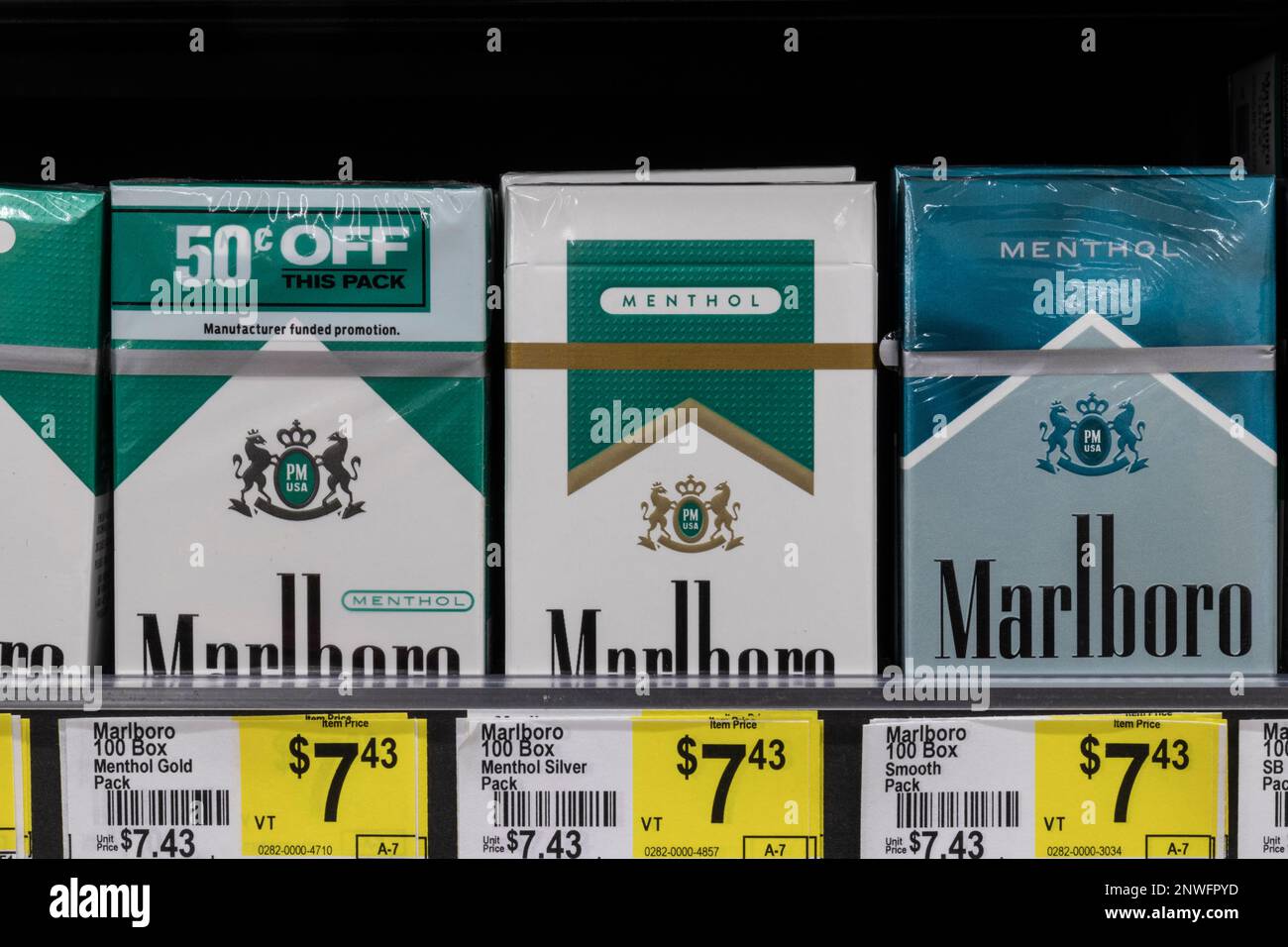 Indianapolis - Circa June 2021: Marlboro Menthol cigarettes. The FDA is considering a ban on menthol cigarettes as makers such as Altria and Philip Mo Stock Photo
