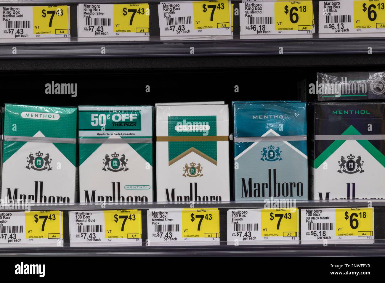 Indianapolis - Circa June 2021: Marlboro Menthol cigarettes. The FDA is considering a ban on menthol cigarettes as makers such as Altria and Philip Mo Stock Photo