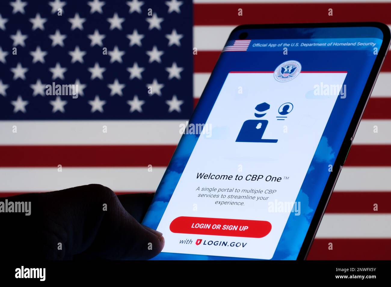CBP One app seen on smartphone screen. U.S. Customs and Border Protection app. Official portal of the U.S. Department of Homeland Security. Stafford, Stock Photo