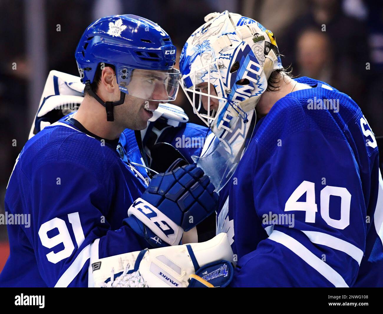Toronto Maple Leafs center John Tavares is introduced before the team's NHL  hockey game against the Montreal Canadiens on Wednesday, Oct. 3, 2018, in  Toronto. (Nathan Denette/The Canadian Press via AP Stock