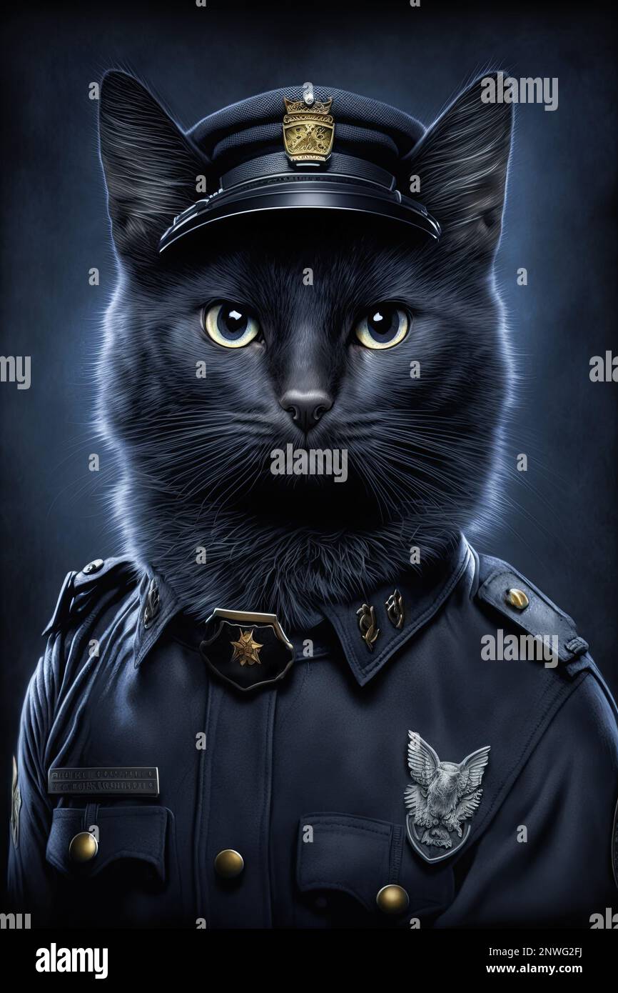 Black cop cat in police uniform with hat and badge. Isolated on pure black background. Very cute police cat wearing a really cool uniform and having a Stock Photo