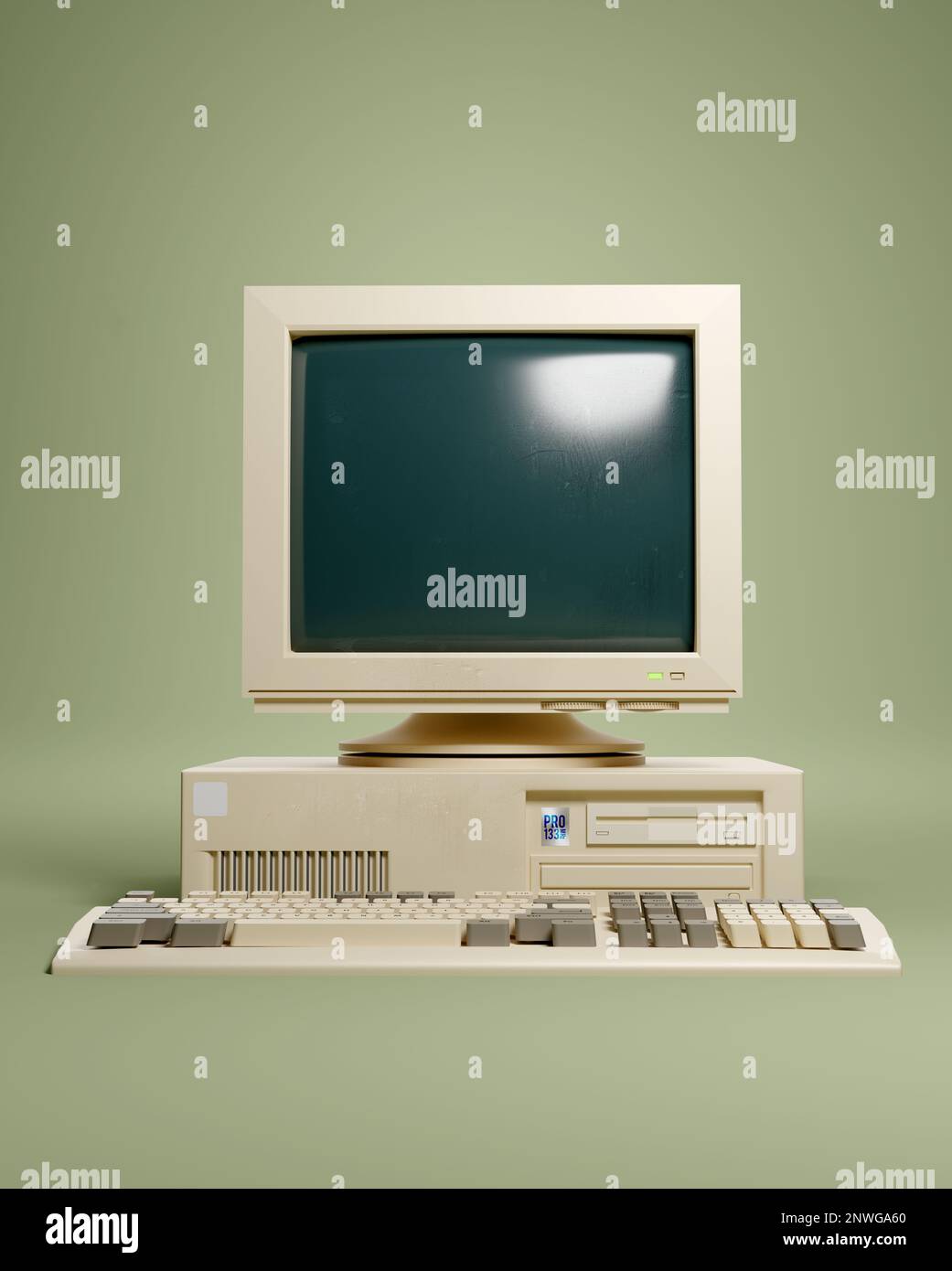 Classic retro 1990s beige home PC computer and CRT monitor. 3D illustration Stock Photo