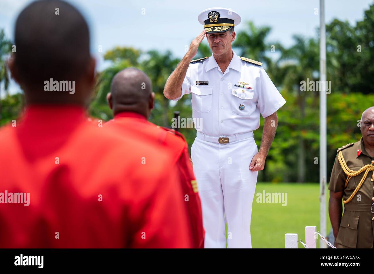 SUVA, Fiji (Jan. 31, 2023) Adm. John C. Aquilino, Commander of U.S. Indo-Pacific Command, salutes during an honors ceremony at the Republic of Fiji Military Forces Queen Elizabeth Barracks. USINDOPACOM is committed to enhancing stability in the Asia-Pacific region by promoting security cooperation, encouraging peaceful development, responding to contingencies, deterring aggression and, when necessary, fighting to win. Stock Photo