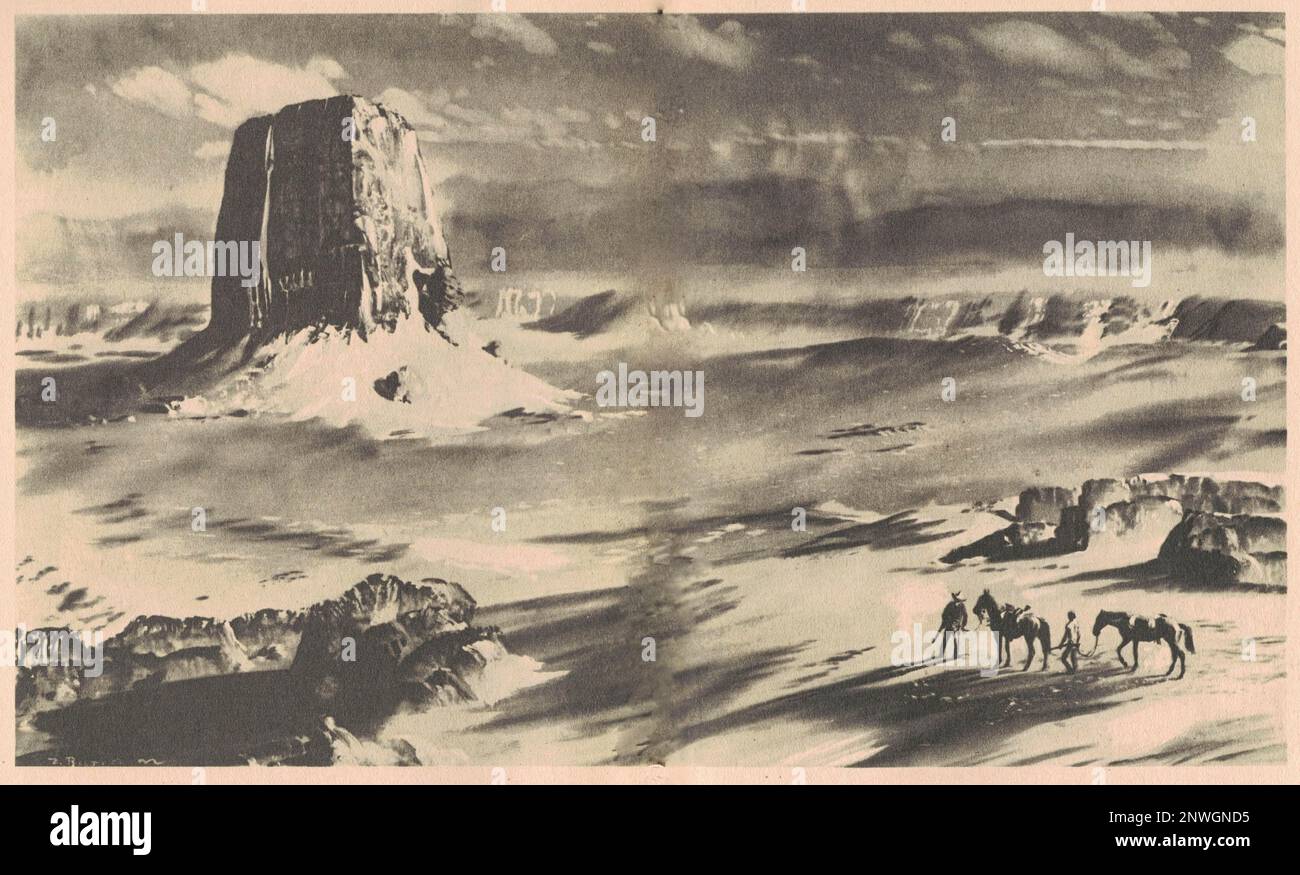 Black and white illustration shows men on horseback in the desert ...