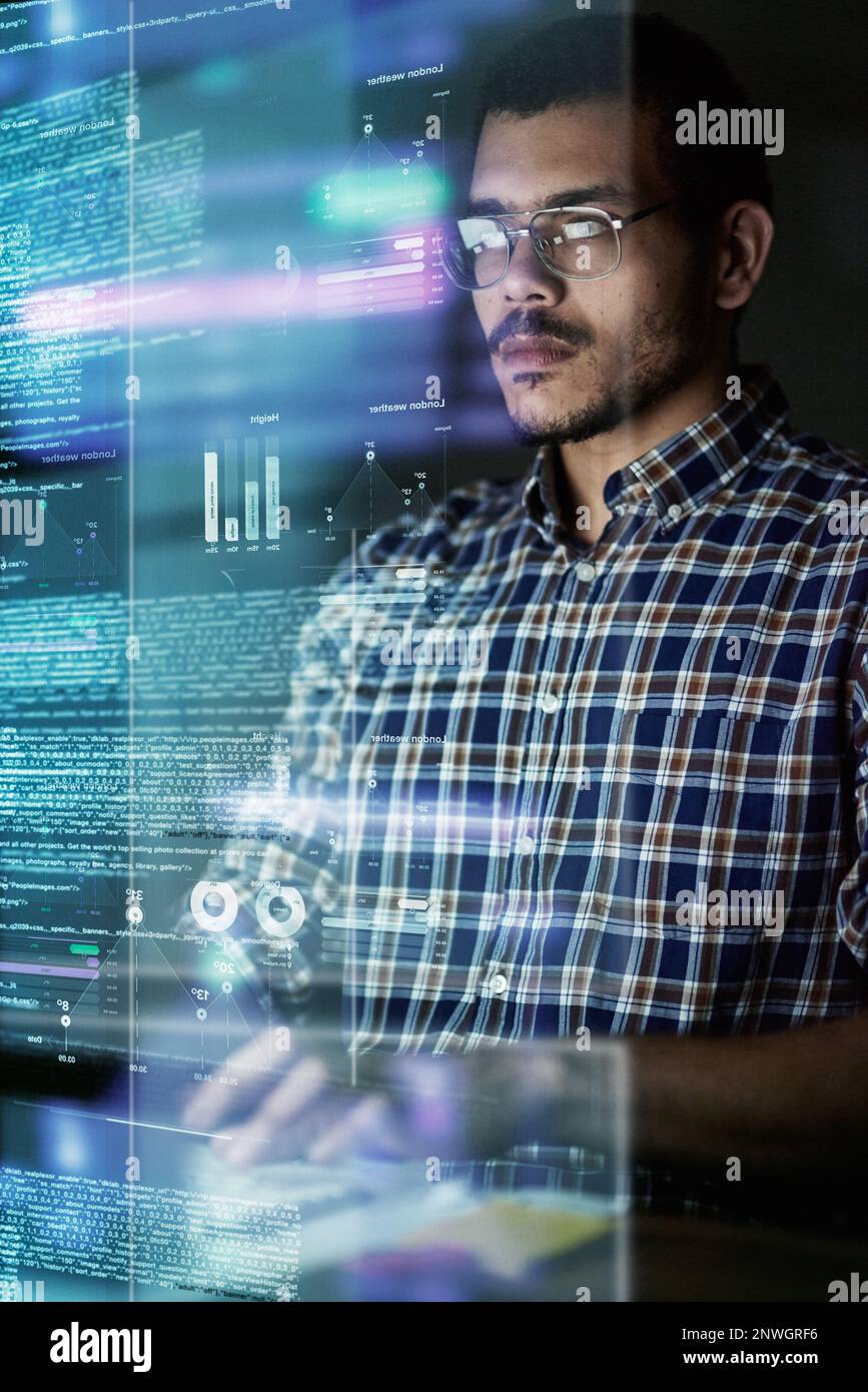 Going through the source code. Cropped shot of a young computer programmer looking through data. Stock Photo