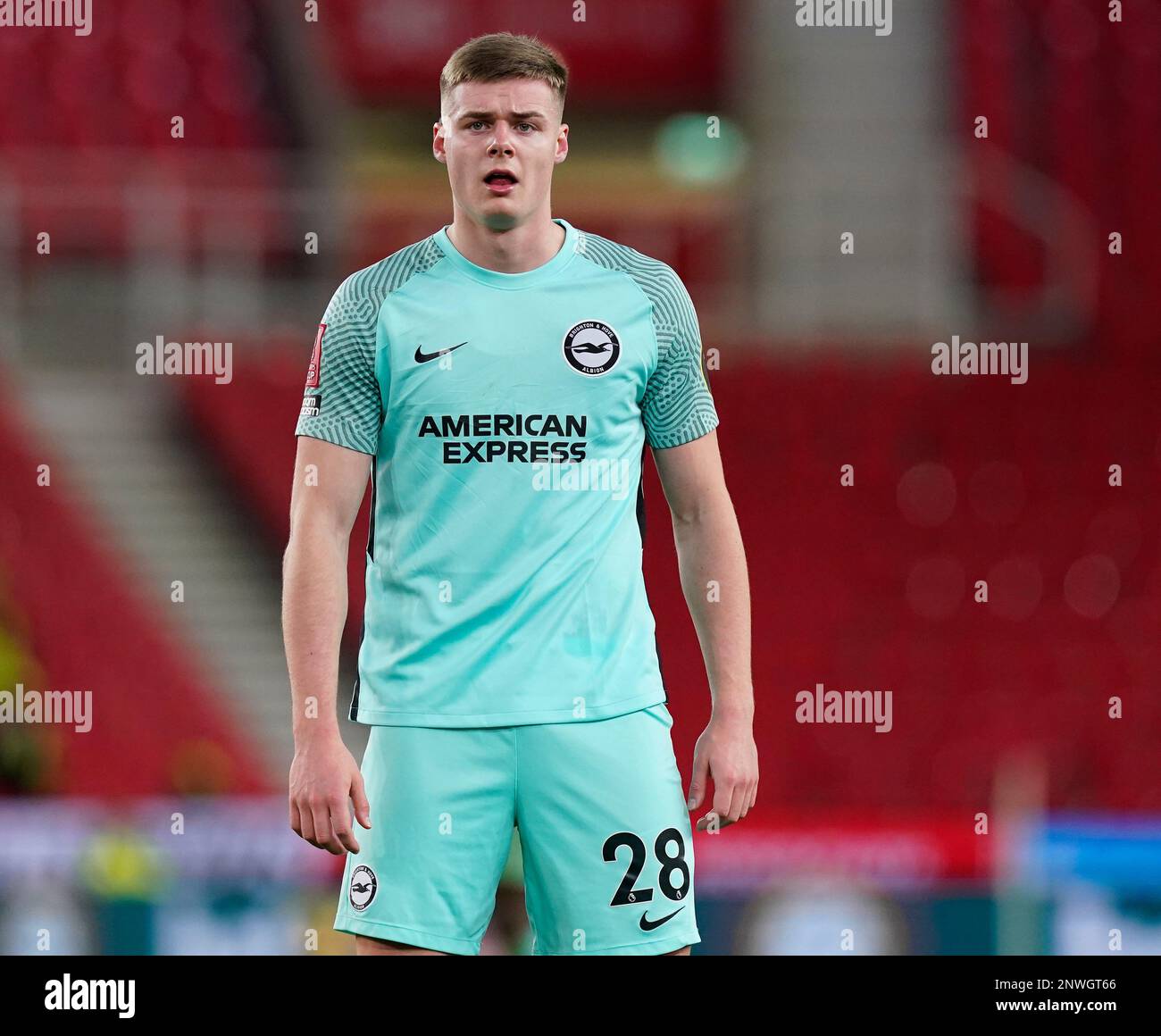 Stoke, England, 28th February 2023.   Evan Ferguson of Brighton during the The FA Cup match at The Bet365 Stadium, Stoke. Picture credit should read: Andrew Yates / Sportimage Stock Photo