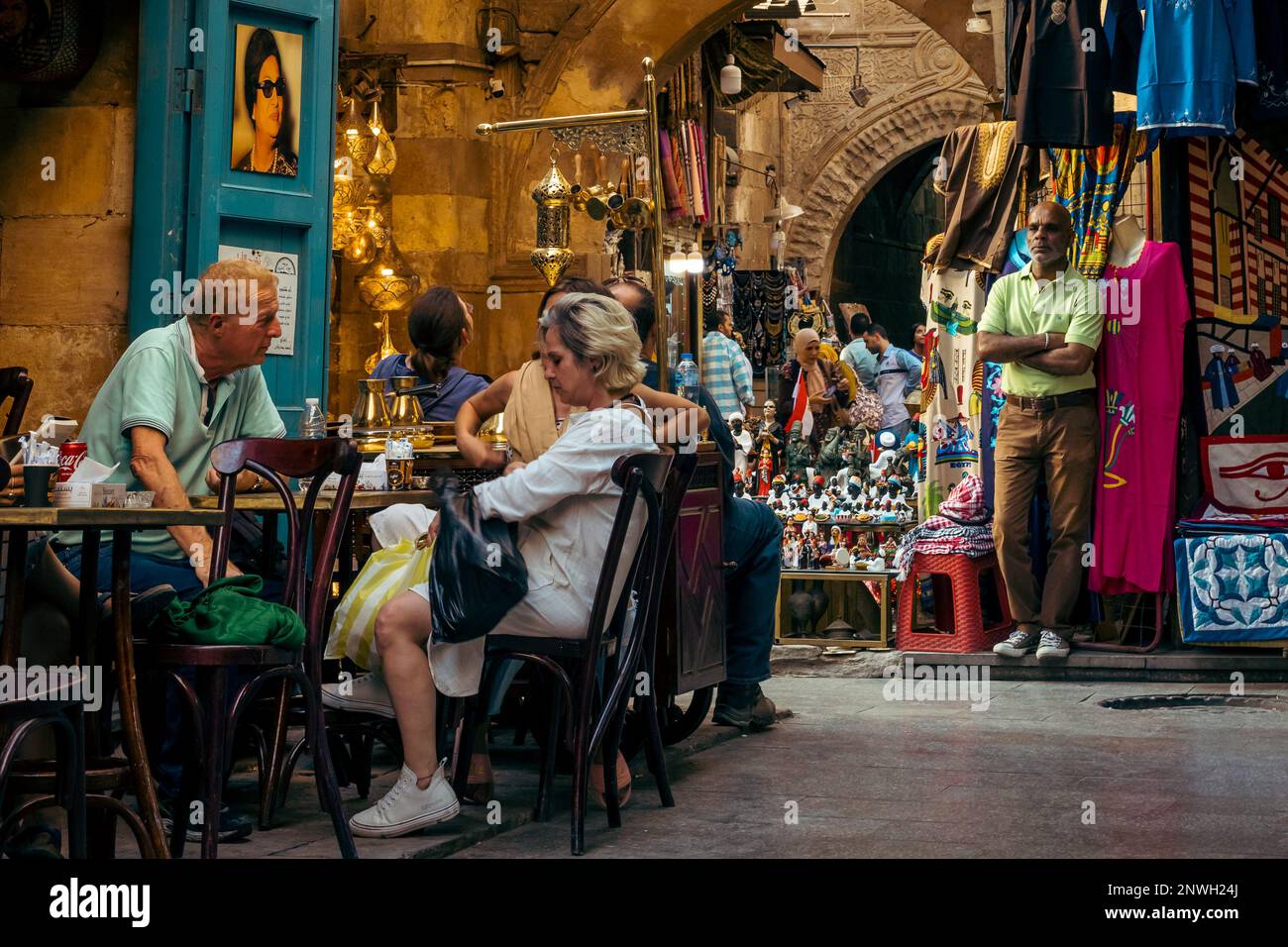 tourist sitting in cafe in old streets of cairo Stock Photo
