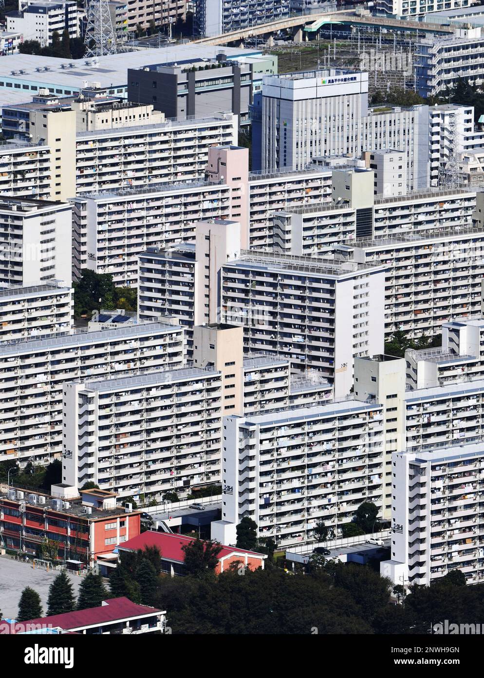 An aerial photo shows the takashimadaira danchi housing complex which