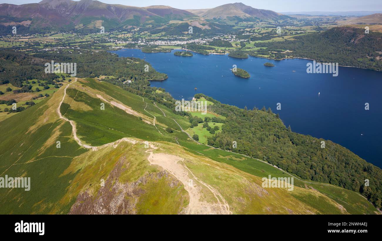 Aerial view of the hiking trail across the beautiful Catbells ridge in ...