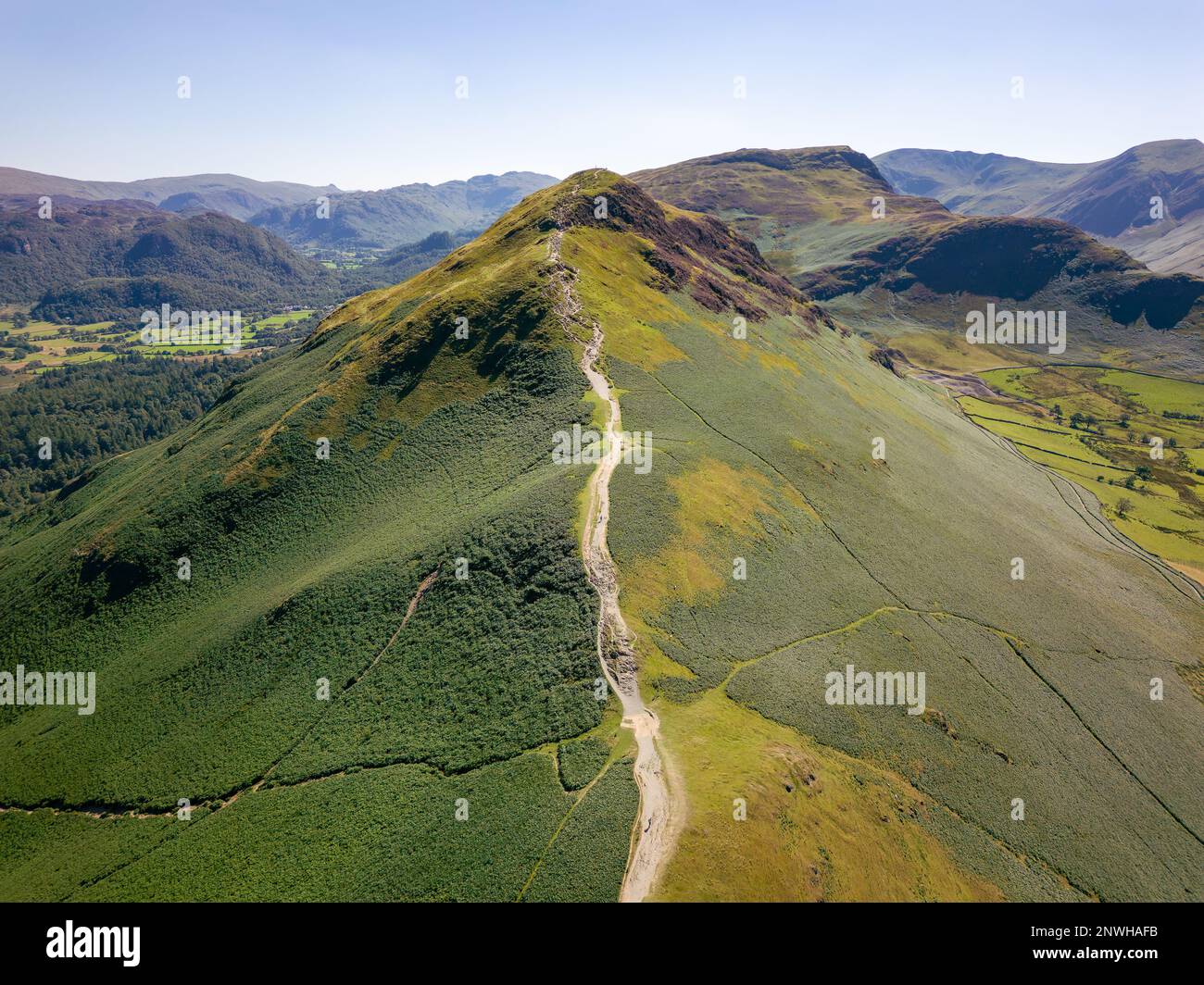 Aerial view of the spectacular Catbells ridge overlooking Derwentwater ...