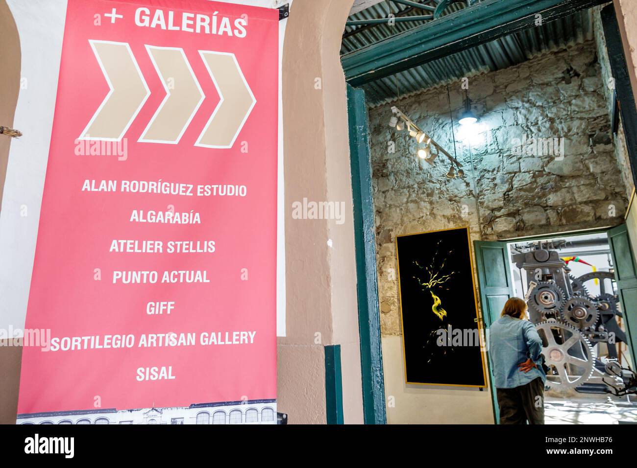 San Miguel de Allende Guanajuato Mexico,Fabrica la Aurora,art design center,art galleries,woman women lady female,adult adults,inside interior indoors Stock Photo